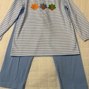 Blue Striped Kids Set with Colorful Turkey Applique